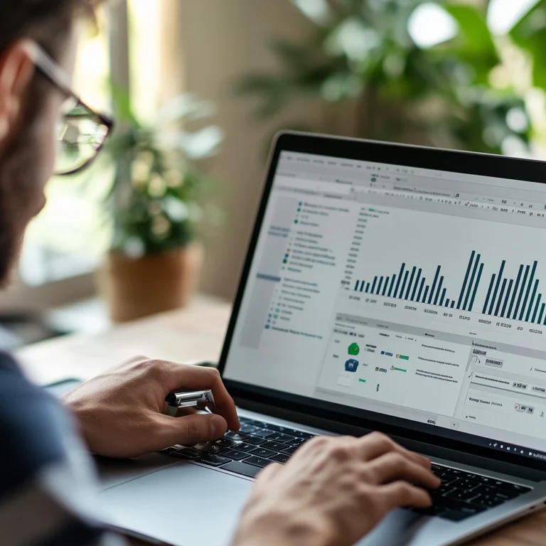 A man is focused on a laptop displaying a colorful graph, analysing data with a thoughtful expression.