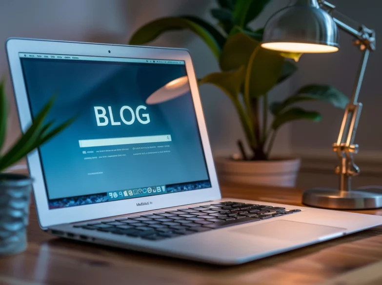 Blog on a laptop screen, featuring a laptop, notepad, lamp, and coffee cup on a desk.