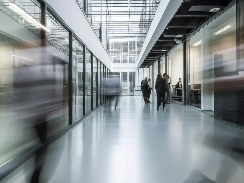 People walking through an office building, captured in blurred motion, conveying a sense of activity.