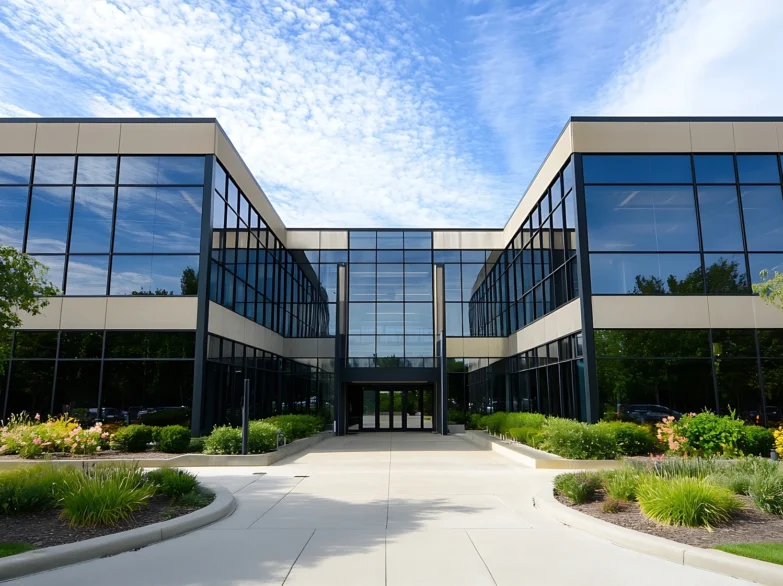 A large office building featuring expansive windows that reflect the surrounding environment.