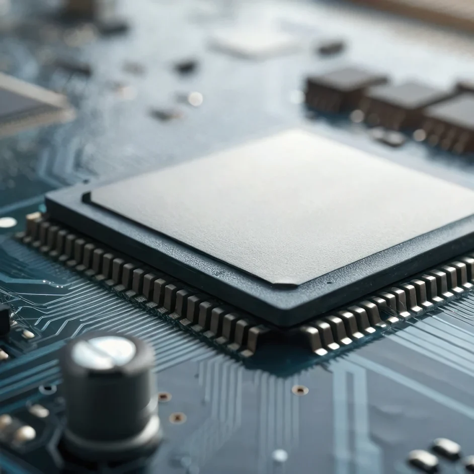 Close-up of a computer motherboard showcasing various electronic components like chips, capacitors, and connectors.