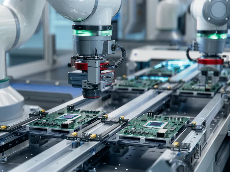 Robots assembling products on a factory production line, showcasing automation in manufacturing.