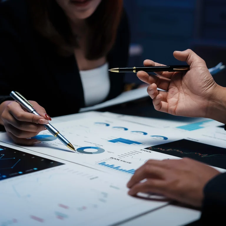 Business team collaborating on a strategy, discussing ideas and reviewing documents around a conference table.