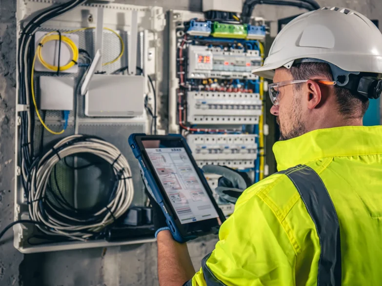 A man in a hi-vis vest holds a tablet, focused on the screen, in a work environment.