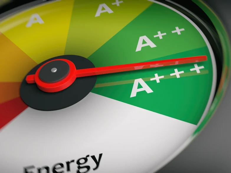 Energy efficiency meter displaying green, red, and yellow arrows indicating varying levels of energy usage.