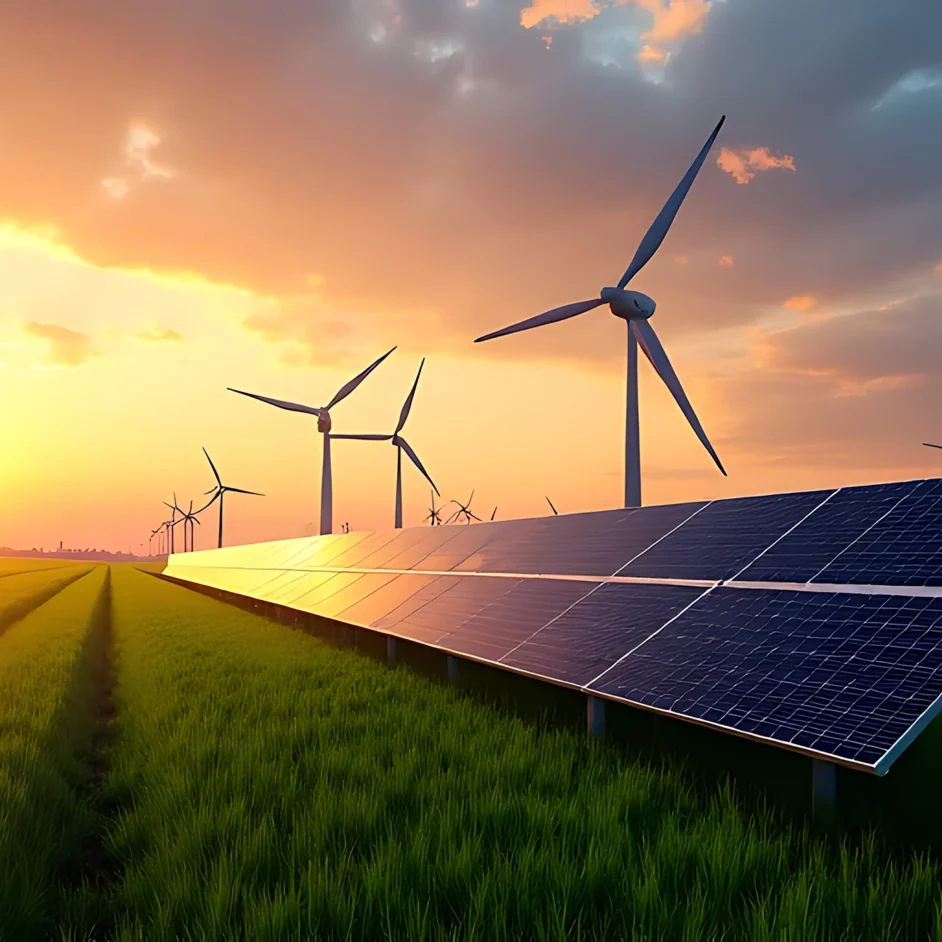Solar panels and wind turbines stand together in a green field, showcasing renewable energy sources.