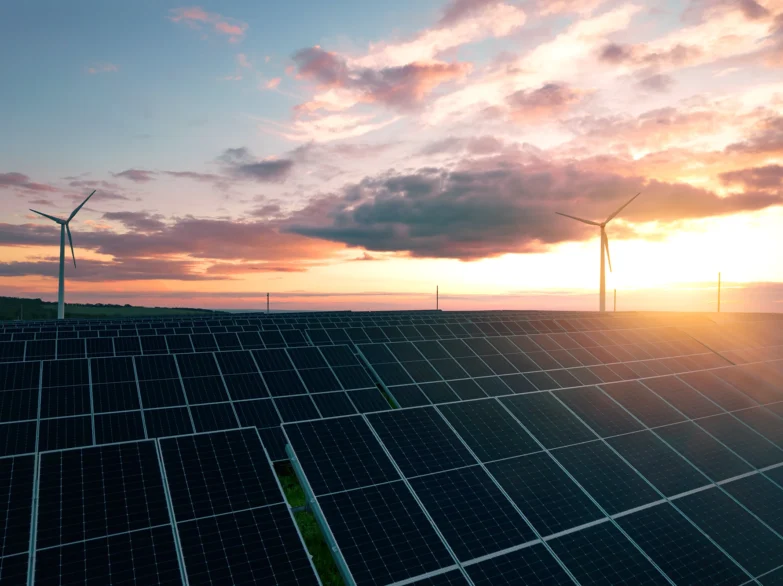 Solar panels and wind turbines silhouetted against a vibrant sunset sky, highlighting renewable energy sources.