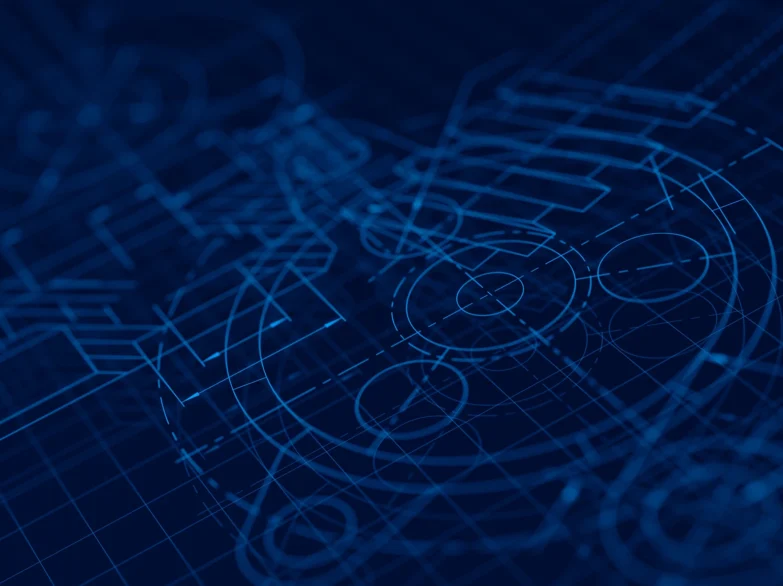 Blueprint of a mechanical device on a blue background, showcasing detailed technical drawings and measurements.