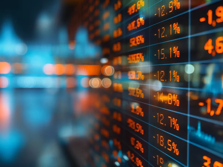 Stock market data displayed on a computer screen, featuring graphs and numbers indicating market trends.
