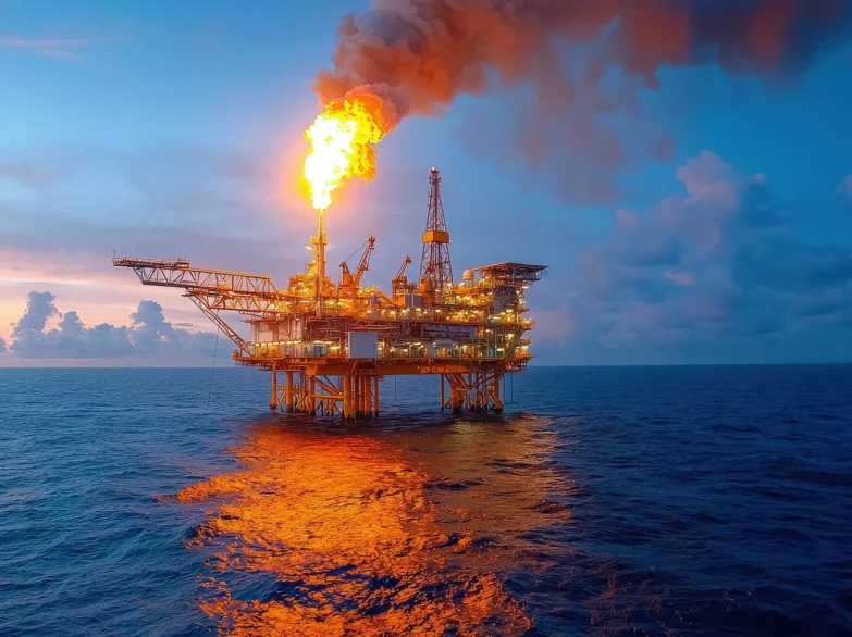 Oil and gas platform in the ocean, showcasing industrial structures and equipment for energy extraction and production.