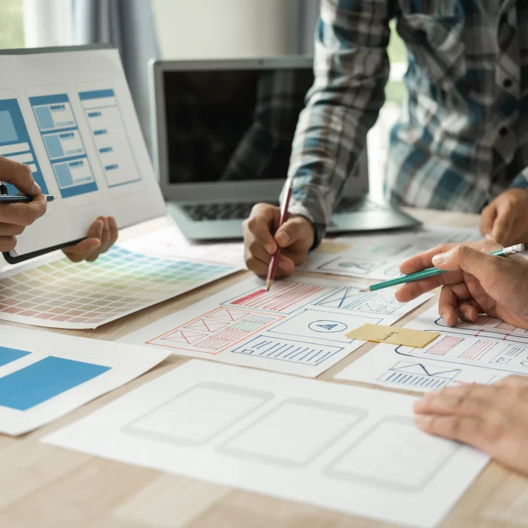 A group of people collaborating on a project while using a laptop in a bright, modern workspace.
