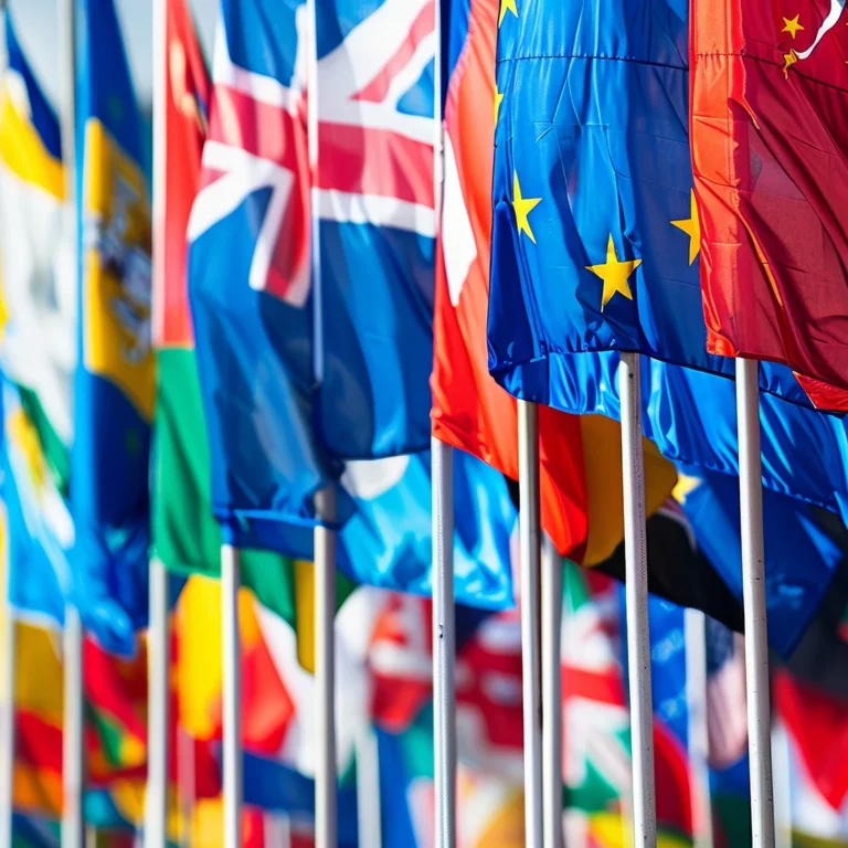 Various flags are proudly displayed in front of a building, showcasing diversity and unity.