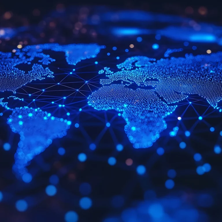 World map featuring interconnected dots and lines, illustrating global connections and networks.