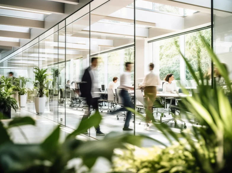 People walking through a modern office building filled with greenery and plants, creating a vibrant work environment.