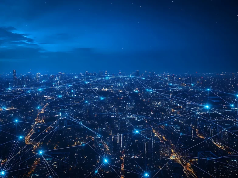 City network at night, featuring connected dots and lines, illustrating a vibrant urban connectivity.