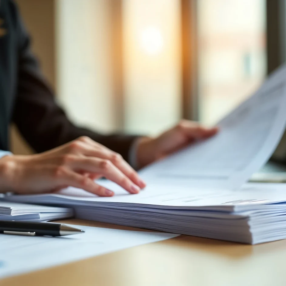 A woman in a business suit holds a piece of paper at her desk.