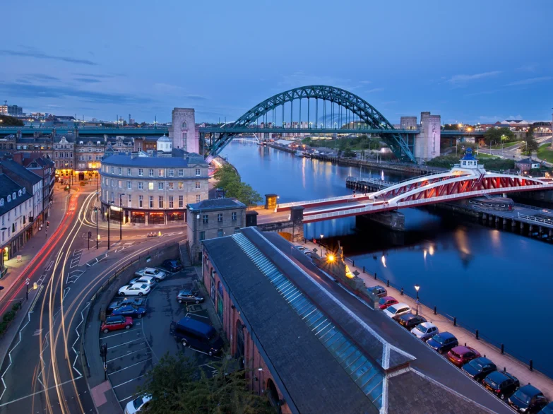 Aeriel shot of Newcastle upon Tyne at dusk.