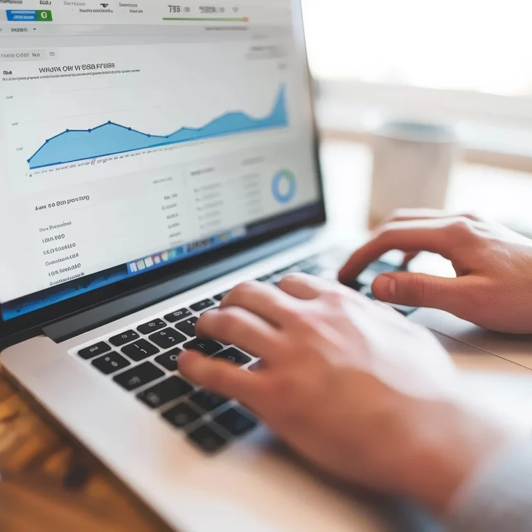 A person types on a laptop displaying a graph, focused on their work in a bright, modern workspace.