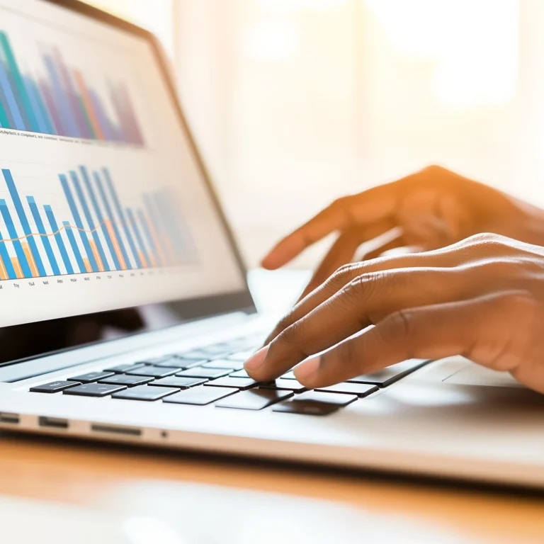 A person types on a laptop displaying a graph, focused on their work in a bright, modern workspace.