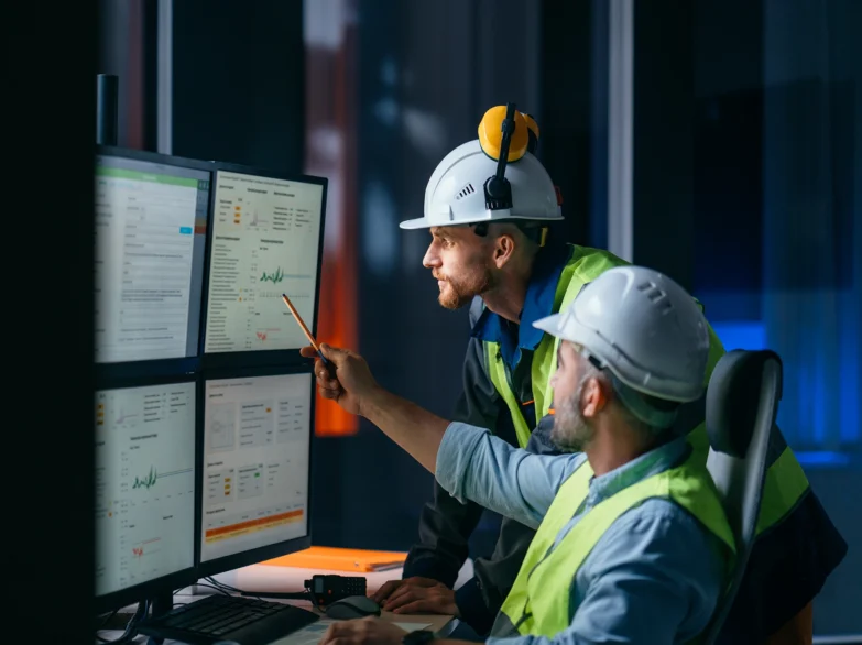 Two men in hard hats collaborating on computer screens in a construction or engineering setting.