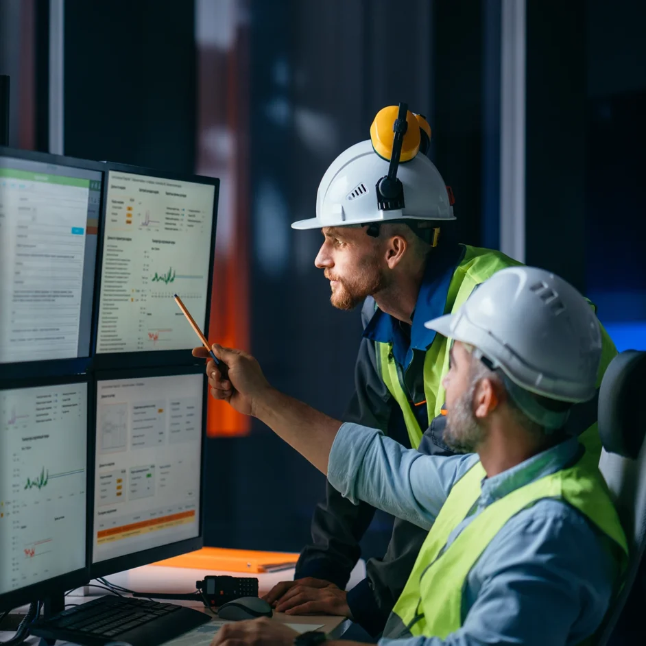 Two men in hard hats collaborating on computer screens in a construction or engineering setting.