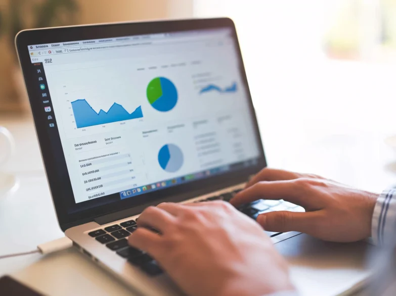 A person working on a laptop, viewing a graph displayed on the screen.