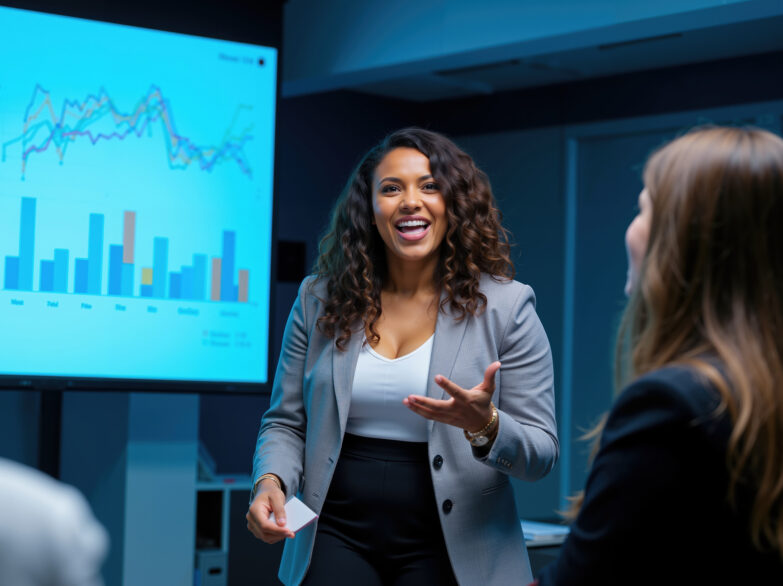 A woman in a business suit confidently presents to an audience, gesturing with her hands.