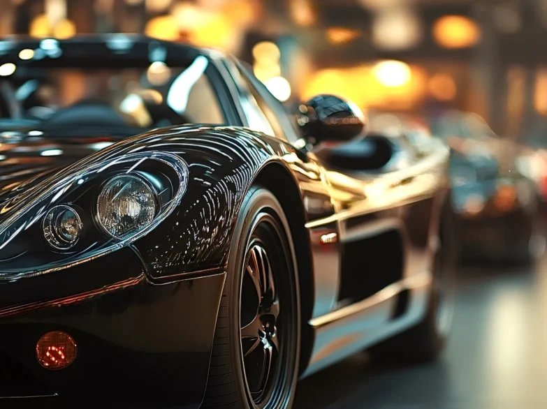 A sleek black sports car parked in a modern showroom, showcasing its design and elegance.
