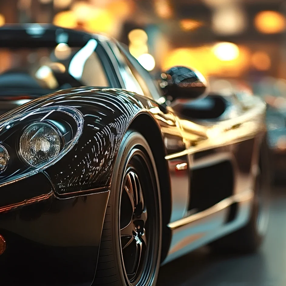 A sleek black sports car parked in a modern showroom, showcasing its design and elegance.