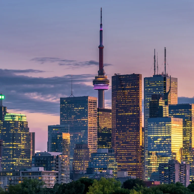 Toronto city view from Riverdale Avenue at dusk. Ontario, Canada.