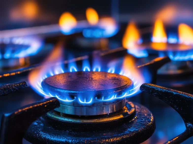 Close-up of vibrant blue flames dancing on a gas stove, illuminating the surrounding area with a warm glow.