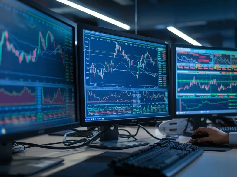 Financial markets data on multiple monitors.
