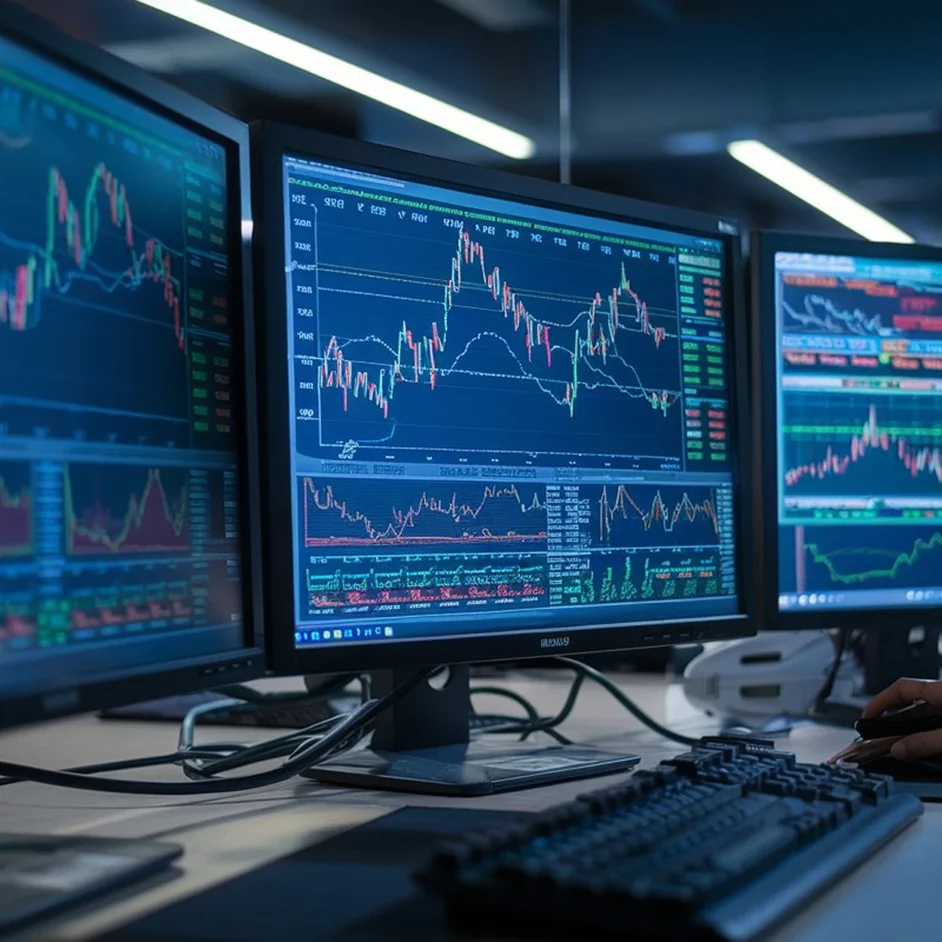 Financial markets data on multiple monitors.