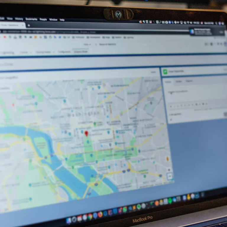 A laptop displaying a map on its screen, showcasing navigation or travel information.