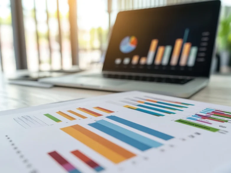 Business charts and graphs displayed on a desk, illustrating data analysis and financial performance.